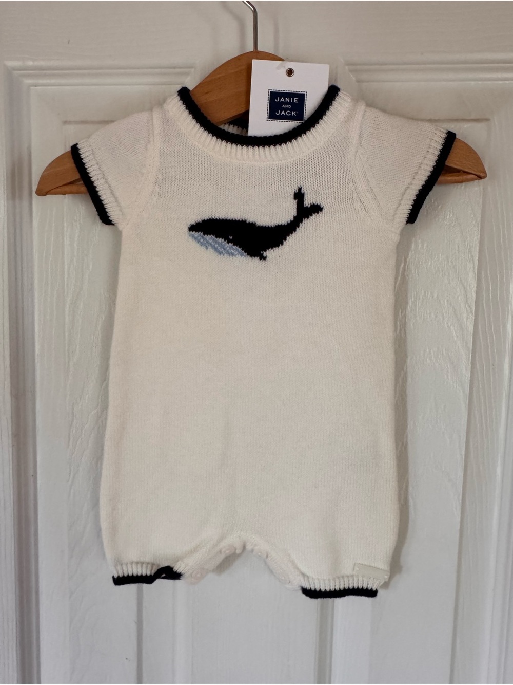 Romper Janie & Jack Cream Knit One-Piece Navy Whale sweater romper short NEW boy